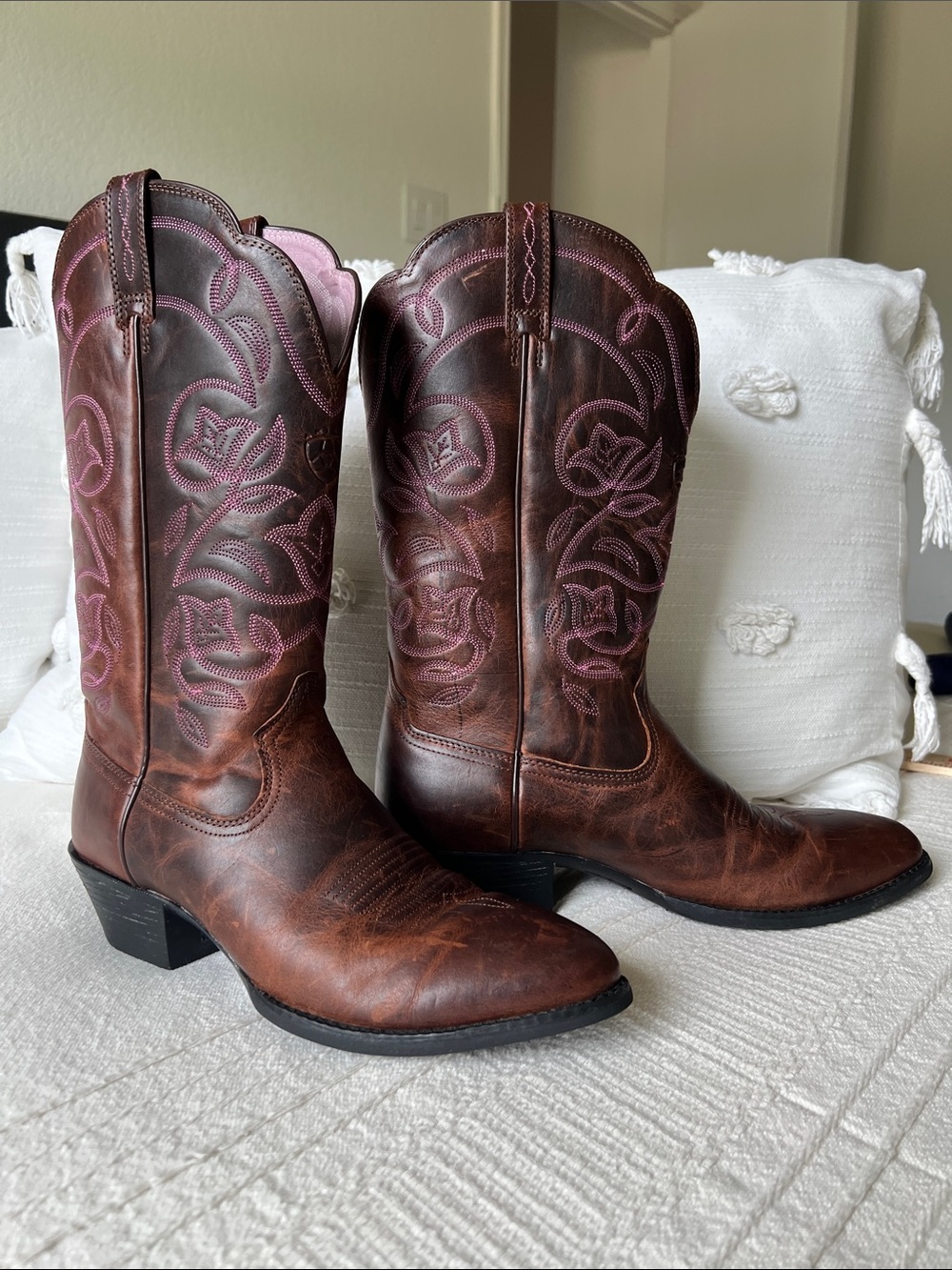 Ariat Brown Leather Western Heeled Boots with Pink Stitching - Picture 3 of 12